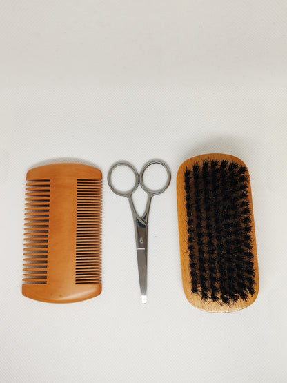 Kit d’Entretien Barbe Premium – Peigne, Brosse et Ciseaux