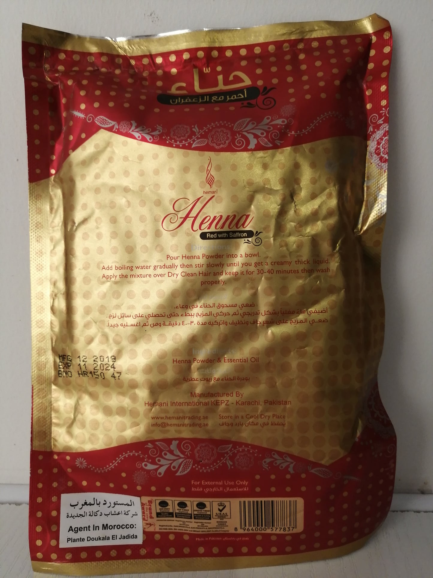 Henné en poudre rouge au safran-HEMANI-150 g-cheveux et corps